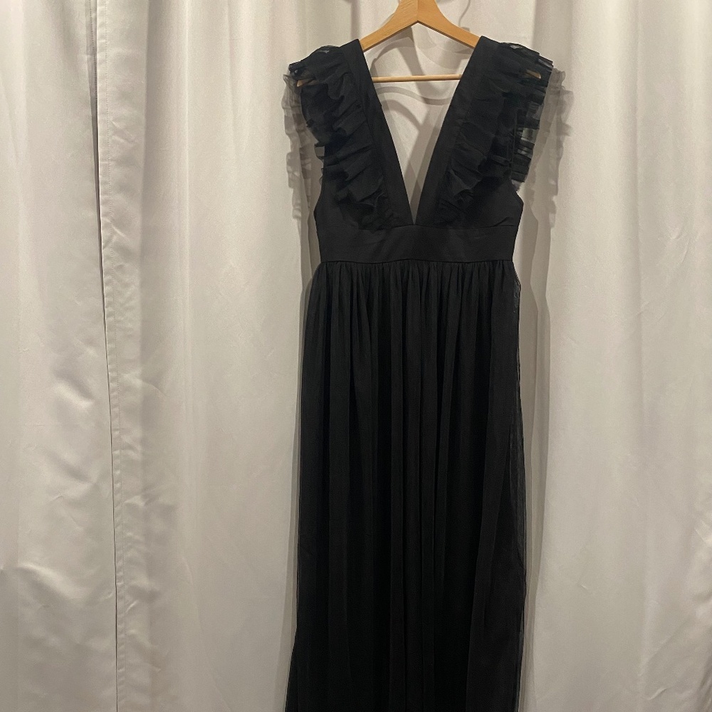 Lulus - Black Mesh Ruffled Backless Maxi Dress